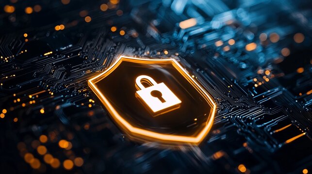 A digital shield icon with a lock, symbolizing cybersecurity and data protection on a tech-themed background filled with glowing circuits.