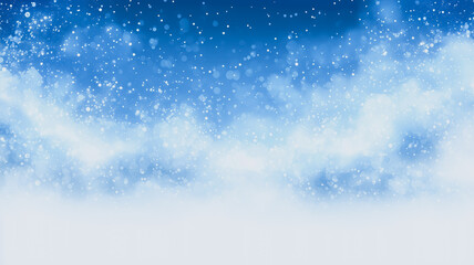 Obraz premium Celestial Snowfall: A breathtaking winter scene of sparkling snowflakes gently falling against a backdrop of serene blue skies and fluffy white clouds. A magical.