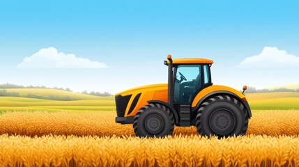 Obraz premium Bright Orange Tractor on Golden Wheat Field Under Clear Blue Sky in Vibrant Agricultural Landscape