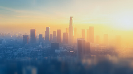 Fototapeta premium a majestic cityscape bathed in the golden glow of sunrise. The sun's rays pierce through a misty haze, casting long shadows over the tall skyscrapers, creating a dreamlike atmosphere.