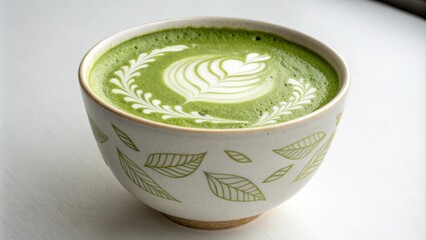 An elegant porcelain cup cradles a bright green matcha blend its frothy top resembling a peaceful landscape. Subtle leaf patterns are etched into the foam drawing the eye