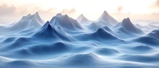 Dreamlike, misty mountain range at sunrise.