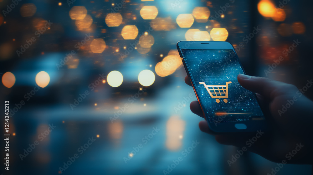 Poster a hand holds a smartphone with a shopping cart icon displayed on the screen, against a backdrop of w