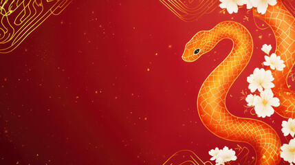 Obraz premium Golden Japanese-Themed Design for Lunar New Year Cherry Blossoms, Clouds, Snake, Red Flowers, with Text Space.