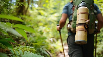 Hiker trekking lush jungle trail, carrying water bottle