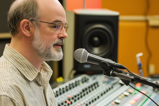 Male radio host speaking into a microphone in a studio, with a soundboard and recording equipment. Generative AI