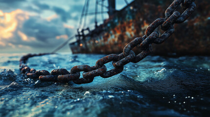 Rusted anchor chain tethered to an old trawler