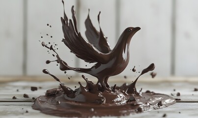 Chocolate bird splashing, wood background, dessert
