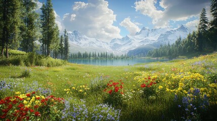 Scenic mountain lake meadow with wildflowers and forest on a sunny day Generated AI