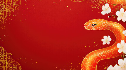 Obraz premium Golden Japanese-Themed Design for Lunar New Year Cherry Blossoms, Clouds, Snake, Red Flowers, with Text Space.