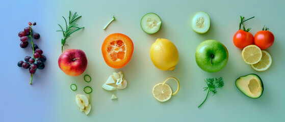 Colorful assortment of fresh fruits and vegetables, apples, oranges, grapes, tomatoes and avocados