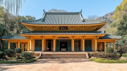 Obraz premium Elegant Yellow Temple Building Amidst Lush Greenery