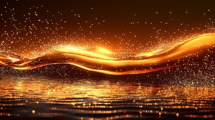 Obraz premium Golden wave, sparkling particles, water reflection, elegant and vibrant effect, Generated AI