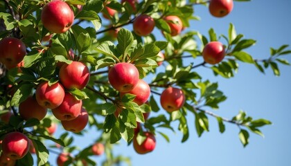 Obraz premium Red Apples Growing On A Tree Branch Against A Blue Sky