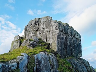 Rugged coastal rock formation under a blue sky; nature landscape photo for travel brochures