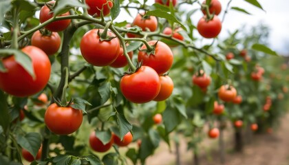 Obraz premium Ripe Red Tomatoes Growing On Vine In Garden
