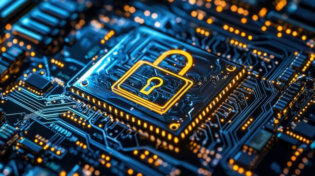 Secure Data Padlock on Circuit Board, Cyber Security Concept, Generated AI