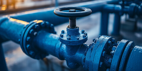 Close-Up of Industrial Valve on a Pipe in a Water Treatment Facility Highlighting Blue Metal Design and Water Droplets in a Sunlit Environment