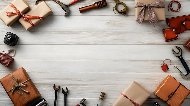 Gifts and Tools Arranged on Wooden Background