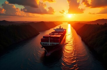 Panama Canal sunset view: huge container ship enters lock surrounded by bright lights and reflections in water, close up