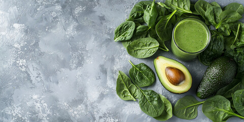 Obraz premium Fresh Green Smoothie with Spinach and Avocado Surrounded by Leafy Vegetables on a Gray Background for Healthy Lifestyle and Nutrition