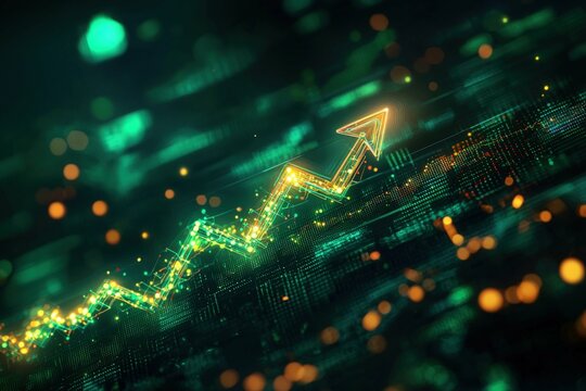 Glowing arrow showing upward trend on digital circuit board, abstract Generated AI - Powered by Adobe
