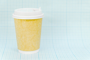 disposable paper coffee cup on light blue background. Banner, space for text
