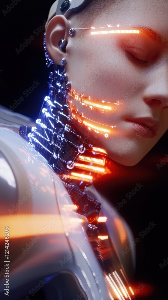 Poster futuristic robot portrait studio setting digital art -tech environment close-up view neural networks