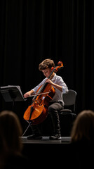 Fototapeta premium Talented young cellist performing a solo on stage at a concert