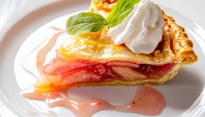 Close-up of a vibrant rhubarb pie slice, glistening with juicy filling and flaky crust, served on a white plate with a dollop of whipped cream