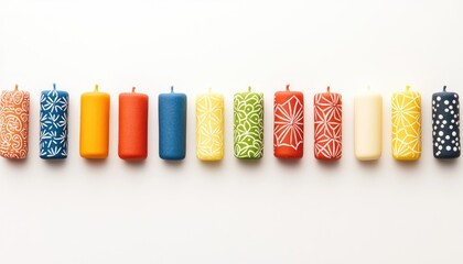 Colorful array of decorative candles arranged neatly on a white surface, showcasing intricate designs and patterns