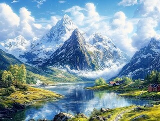 Fototapeta premium Majestic snow-capped mountains reflect in calm lake, valley village, sunny day, travel poster