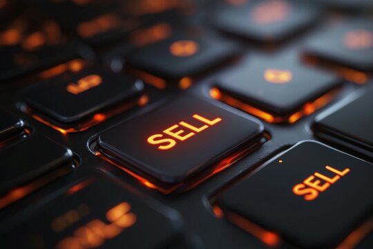 Glowing 'SELL' keys on a dark keyboard, close-up view, business concept, Generated AI
