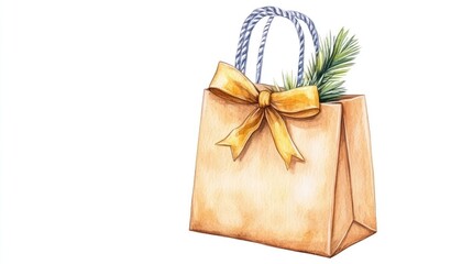 A beautifully illustrated gift bag adorned with a yellow bow and greenery, perfect for festive occasions