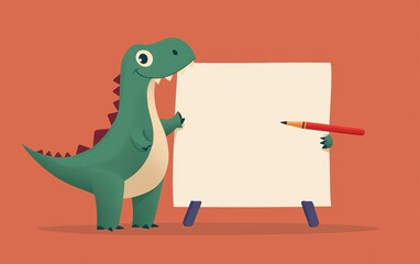 Cute cartoon dinosaur holding a crayon and drawing on a large piece of paper, celebrating National Draw a Dinosaur Day