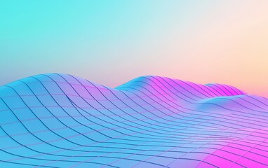 Digital synthwave-style terrain with vibrant magenta and teal hues, creating a futuristic, retro-inspired grid landscape