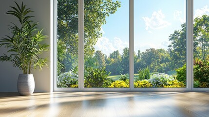 Bright daylight pours into a spacious room through a modern double glazed aluminum window, showcasing a lush garden filled with colorful plants and blooming flowers outside