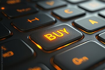 Fototapeta premium Glow Buy Button on Keyboard, E-commerce concept, Online shopping, illuminated key, Generated AI