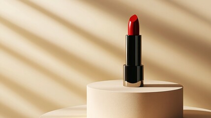 Bold red lipstick displayed on a minimalist beige podium, embodying elegance and beauty for product promotion or branding.
