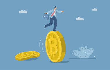 Male investor balancing on bitcoins, Risk and high volatility in the cryptocurrency market, Maintaining stability between losses and returns, Bitcoin trading market, Vector design.