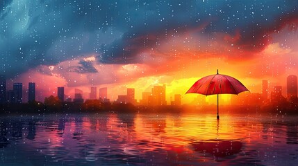 A tech startup pitches a flying umbrella to combat rainy commutes in this flat design illustration