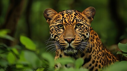 Leopard staring, jungle foliage background, wildlife photography, nature documentary