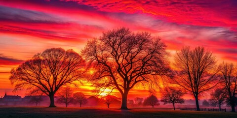 Obraz premium Spring Dawn: Red Sky, Black Silhouettes, Majestic Trees