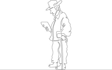 Continuous one line drawing old man with smartphone. Elderly man with tablet. Pensioner uses gadget. One continuous line isolated minimal illustration.Not AI.