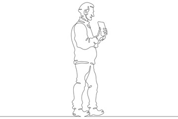 Continuous one line drawing old man with smartphone. Elderly man with tablet. Pensioner uses gadget. One continuous line isolated minimal illustration.Not AI.