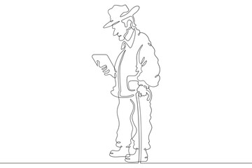 Continuous one line drawing old man with smartphone. Elderly man with tablet. Pensioner uses gadget. One continuous line isolated minimal illustration.Not AI.