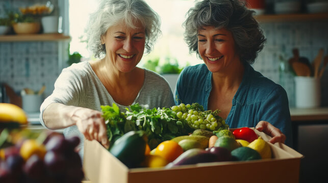 Joyful unpacking of fresh farm delivery by two women in kitchen setting