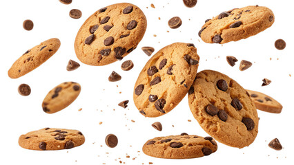 Falling chocolate chip cookies isolated on transparent or white background, featuring realistic texture and crumbs for snack-themed designs.