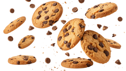 Falling chocolate chip cookies isolated on transparent or white background, featuring realistic texture and crumbs for snack-themed designs.