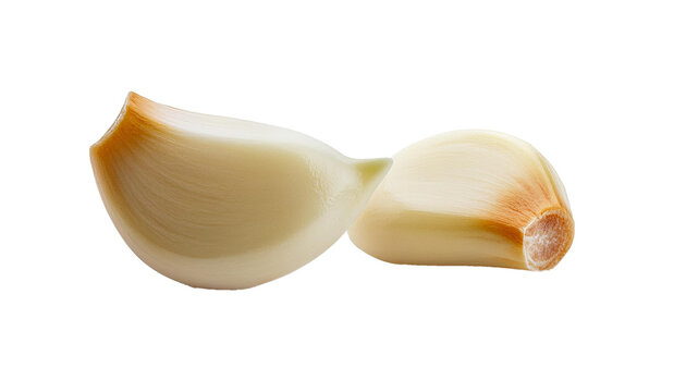 Front view of isolated white peeled garlic cloves on white background. Ideal for culinary and health-related projects reflecting natural ingredients.